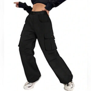 LOLOCCI Women’s Cotton Cargo Drawstring High Waisted Ankle Cuffs Joggers Blck XL